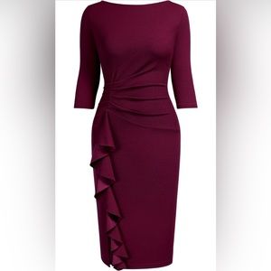 AISIZE Women's Retro 3/4 Sleeve Ruched Elegant Business Pencil Sheath Dress.